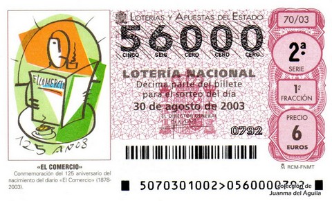 Décimo de Lotería Nacional de 2003 Sorteo 70 - «EL COMERCIO»