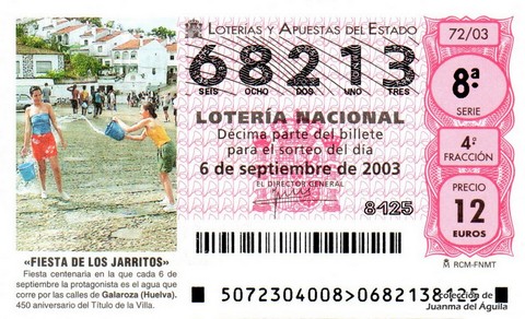 Décimo de Lotería Nacional de 2003 Sorteo 72 - «FIESTA DE LOS JARRITOS»