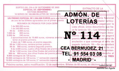 Reverso décimo de Lotería 2003 / 72