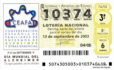 Décimo de Lotería Nacional de 2003 Sorteo 74 - 21 DE SEPTIEMBRE «DÍA MUNDIAL DEL ALZHEIMER»