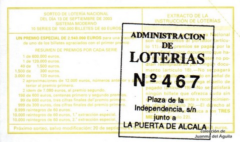 Reverso del décimo de Lotería Nacional de 2003 Sorteo 74