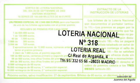 Reverso del décimo de Lotería Nacional de 2003 Sorteo 76