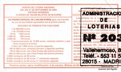Reverso décimo de Lotería 2003 / 78