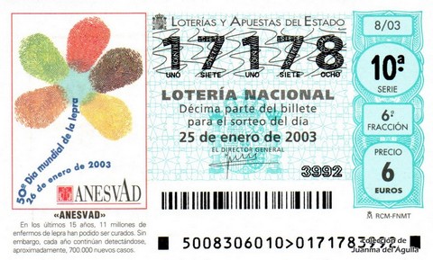Décimo de Lotería Nacional de 2003 Sorteo 8 - «ANESVAD»