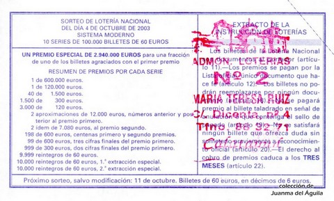 Reverso décimo de Lotería 2003 / 80