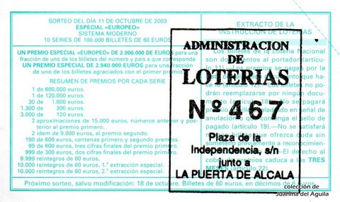 Reverso del décimo de Lotería Nacional de 2003 Sorteo 82