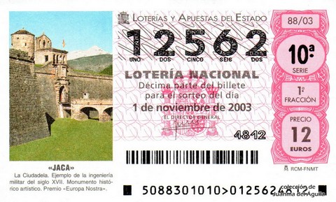 Décimo de Lotería Nacional de 2003 Sorteo 88 - «JACA»