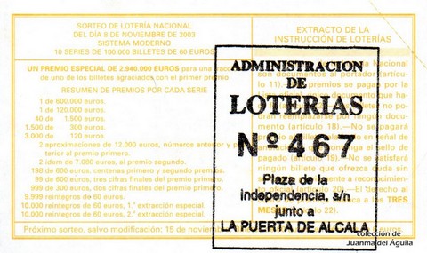 Reverso del décimo de Lotería Nacional de 2003 Sorteo 90