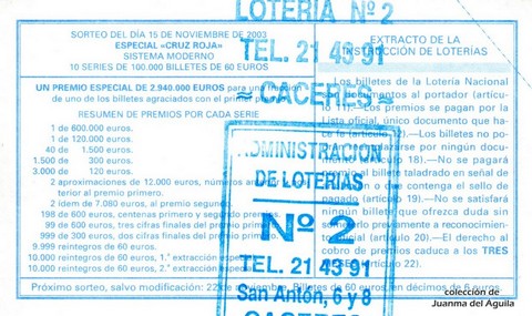 Reverso del décimo de Lotería Nacional de 2003 Sorteo 92