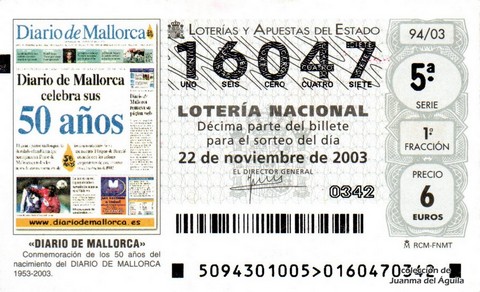 Décimo de Lotería Nacional de 2003 Sorteo 94 - «DIARIO DE MALLORCA»