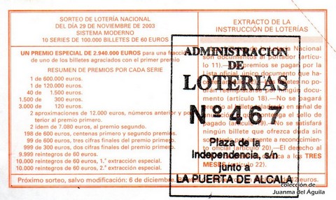 Reverso del décimo de Lotería Nacional de 2003 Sorteo 96