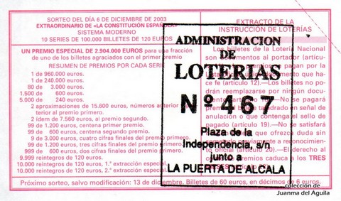 Reverso del décimo de Lotería Nacional de 2003 Sorteo 98