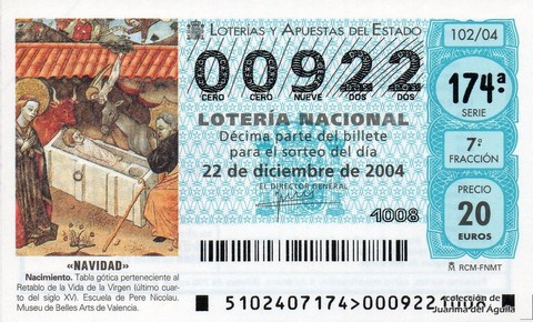 Décimo de Lotería Nacional de 2004 Sorteo 102 - «NAVIDAD»