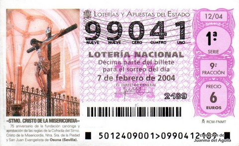 Décimo de Lotería Nacional de 2004 Sorteo 12 - «STMO. CRISTO DE LA MISERICORDIA»