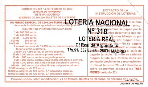 Reverso del décimo de Lotería Nacional de 2004 Sorteo 14