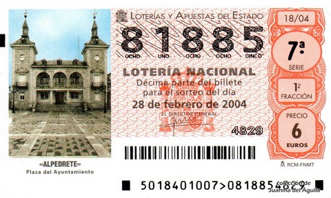 Décimo de Lotería Nacional de 2004 Sorteo 18 - «ALPEDRETE»