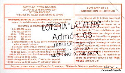 Reverso décimo de Lotería 2004 / 18