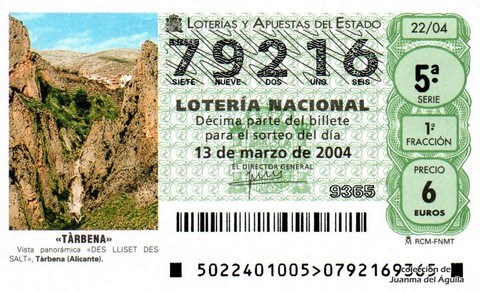 Décimo de Lotería Nacional de 2004 Sorteo 22 - «TÀRBENA»