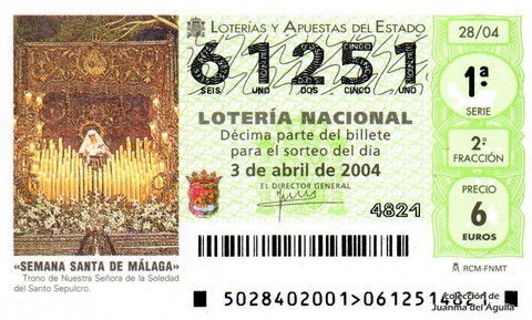 Décimo de Lotería Nacional de 2004 Sorteo 28 - «SEMANA SANTA DE MÁLAGA»
