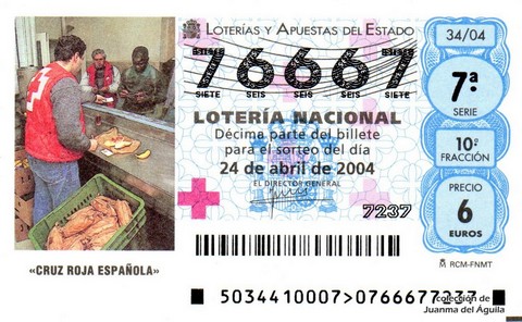 Décimo de Lotería Nacional de 2004 Sorteo 34 - «CRUZ ROJA ESPAÑOLA»