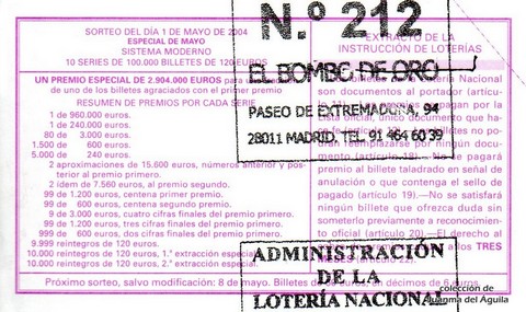 Reverso del décimo de Lotería Nacional de 2004 Sorteo 36