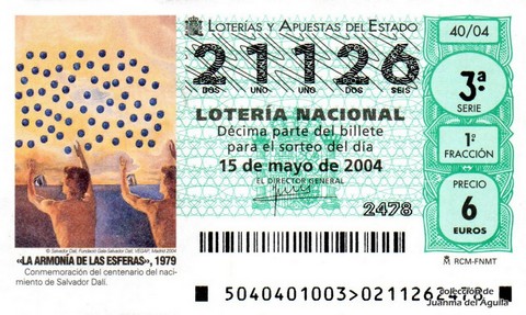Décimo de Lotería Nacional de 2004 Sorteo 40 - «LA ARMONÍA DE LAS ESFERAS», 1979