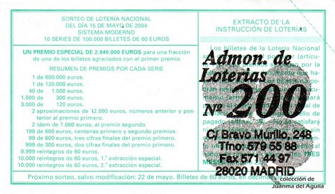 Reverso décimo de Lotería 2004 / 40