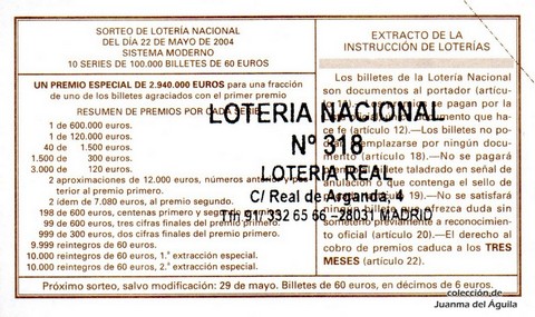 Reverso del décimo de Lotería Nacional de 2004 Sorteo 42