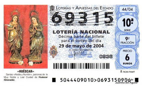 Décimo de Lotería Nacional de 2004 Sorteo 44 - «HUÉSCAR»