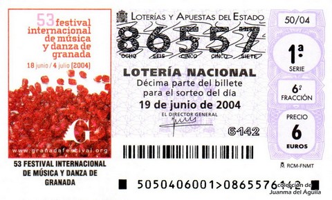 Décimo de Lotería Nacional de 2004 Sorteo 50 - 53 FESTIVAL INTERNACIONAL DE MÚSICA Y DANZA DE GRANADA