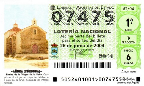 Décimo de Lotería Nacional de 2004 Sorteo 52 - «AÑORA (CÓRDOBA)»