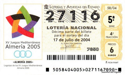 Décimo de Lotería Nacional de 2004 Sorteo 58 - «ALMERÍA 2005»