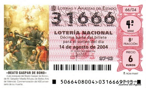 Décimo de Lotería Nacional de 2004 Sorteo 66 - «BEATO GASPAR DE BONO»