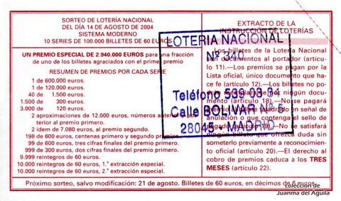 Reverso décimo de Lotería 2004 / 66