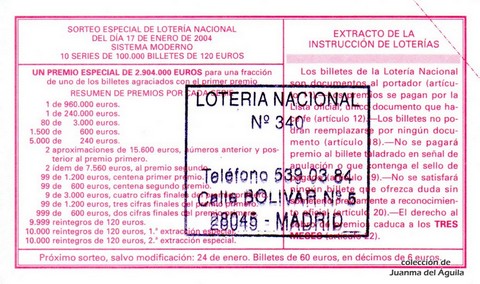 Reverso del décimo de Lotería Nacional de 2004 Sorteo 6