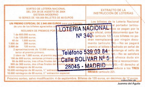 Reverso del décimo de Lotería Nacional de 2004 Sorteo 70