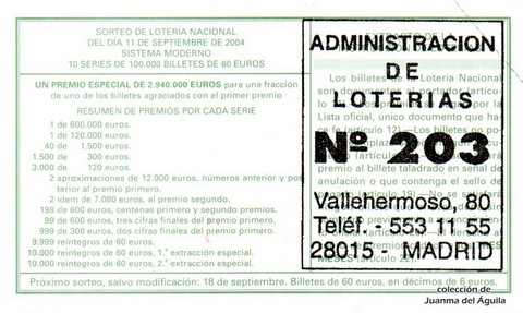 Reverso décimo de Lotería 2004 / 74