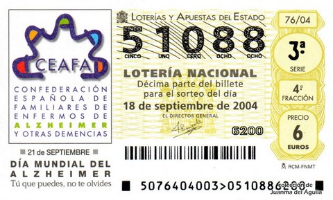Décimo de Lotería Nacional de 2004 Sorteo 76 - 21 DE SEPTIEMBRE - DÍA MUNDIAL DEL ALZHEIMER