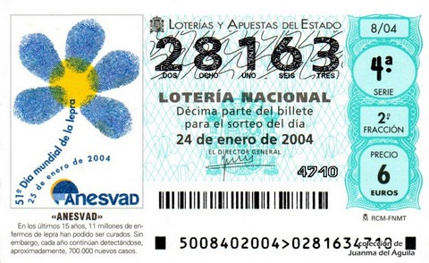 Décimo de Lotería Nacional de 2004 Sorteo 8 - «ANESVAD»