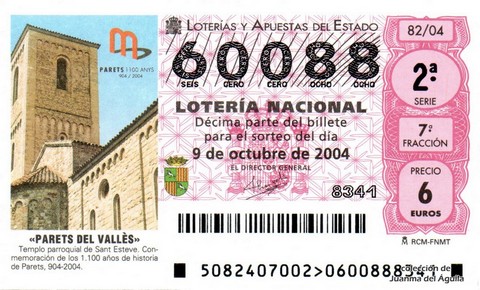 Décimo de Lotería Nacional de 2004 Sorteo 82 - «PARETS DEL VALLÈS»