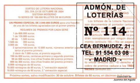 Reverso del décimo de Lotería Nacional de 2004 Sorteo 86