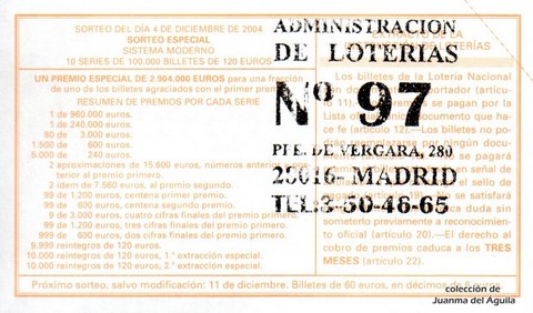 Reverso del décimo de Lotería Nacional de 2004 Sorteo 98
