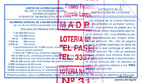 Reverso décimo de Lotería 2005 / 100