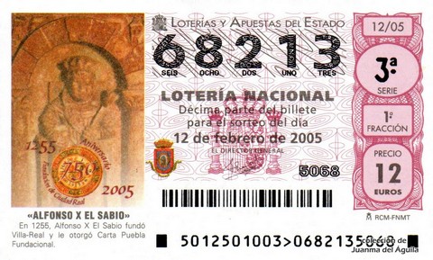 Décimo de Lotería Nacional de 2005 Sorteo 12 - «ALFONSO X EL SABIO»