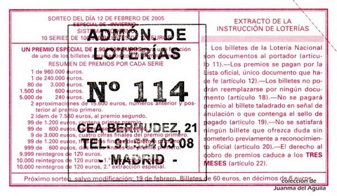 Reverso del décimo de Lotería Nacional de 2005 Sorteo 12