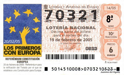 Décimo de Lotería Nacional de 2005 Sorteo 14 - REFERÉNDUM CONSTITUCIÓN EUROPEA