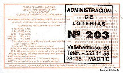 Reverso del décimo de Lotería Nacional de 2005 Sorteo 14