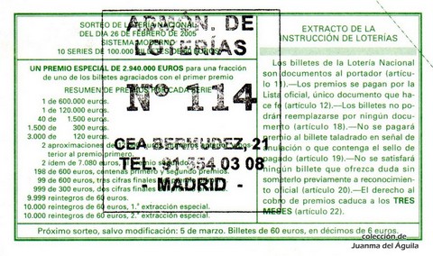 Reverso décimo de Lotería 2005 / 16