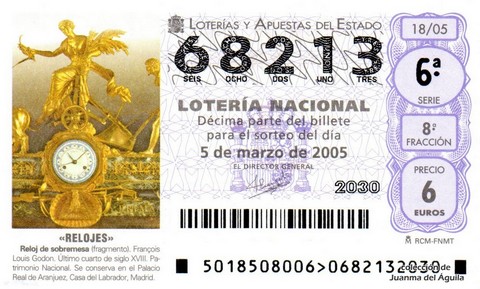 Décimo de Lotería Nacional de 2005 Sorteo 18 - «RELOJES»