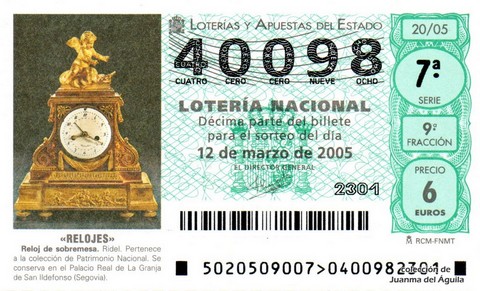 Décimo de Lotería Nacional de 2005 Sorteo 20 - «RELOJES»